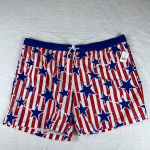 Mad Engine Swim Shorts Mens 2XL Blue Red Star Print Striped Americana Drawstring